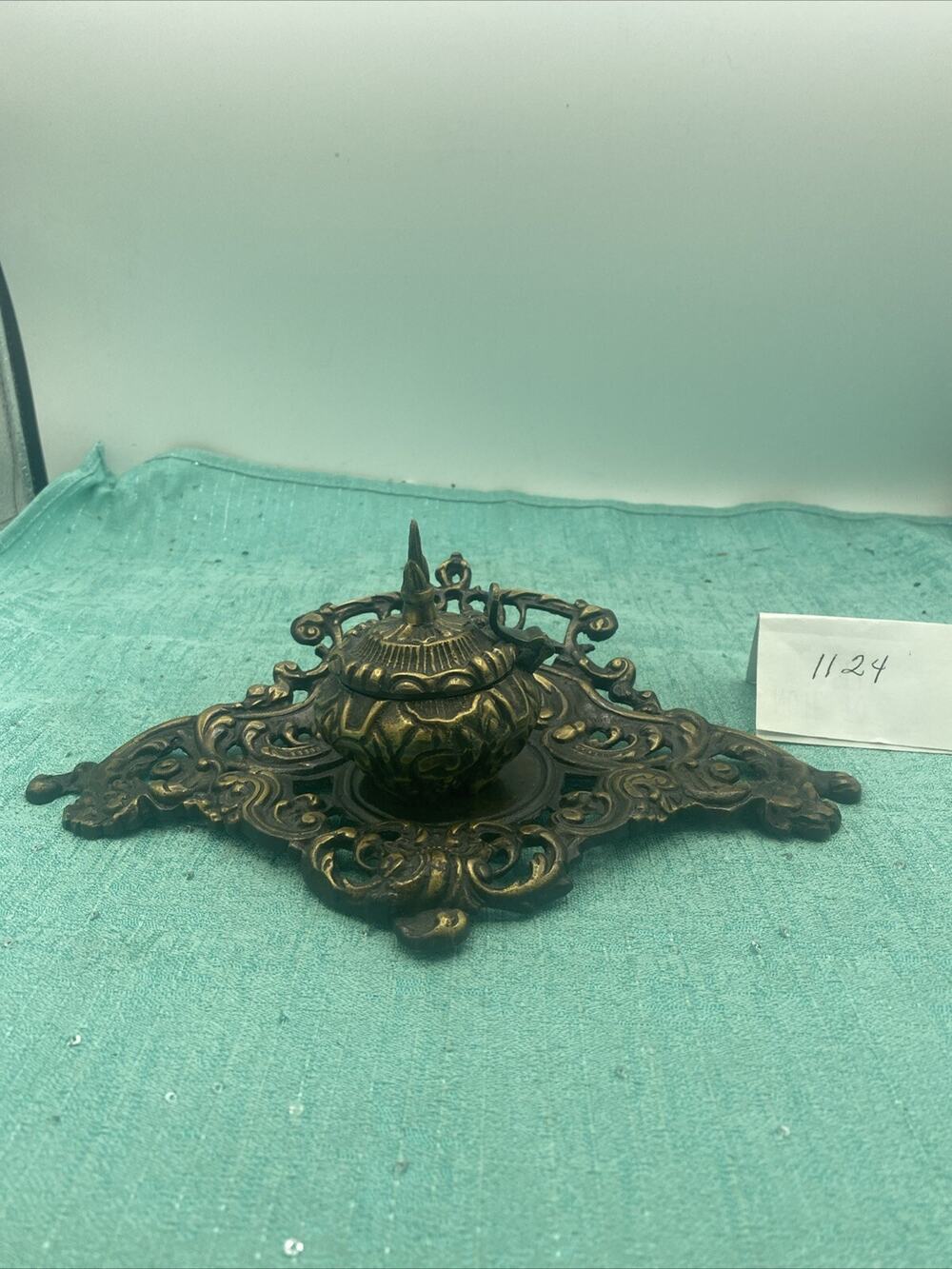 Antique Victorian Ornate Brass Desktop Inkwell From India 10”X 7” X 4.25”